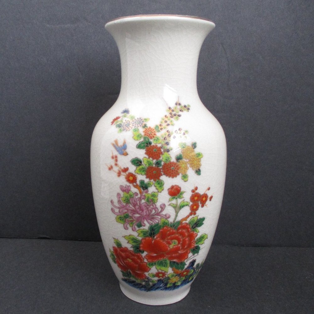 Porcelain Vase Hand Painted Floral Design w/ Gold Trim 6" Inch Vtg Home Decor